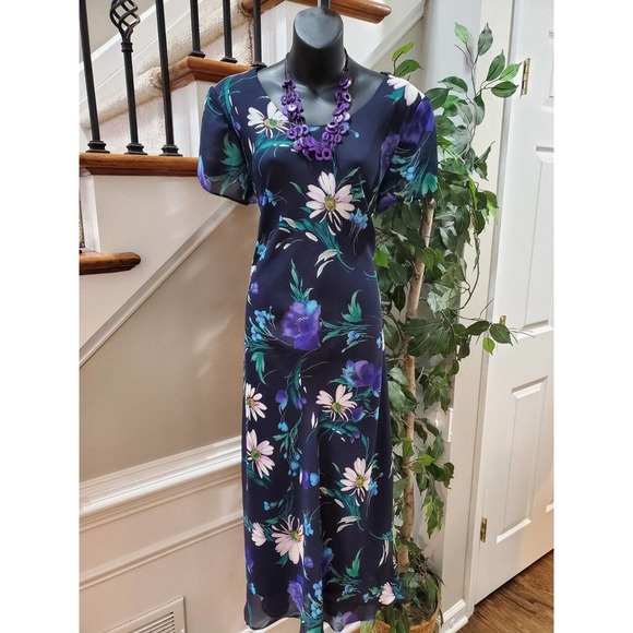 R&K Original Women's Blue Floral Round Neck Short Sleeve Long Maxi Dress Size S - Picture 1 of 11